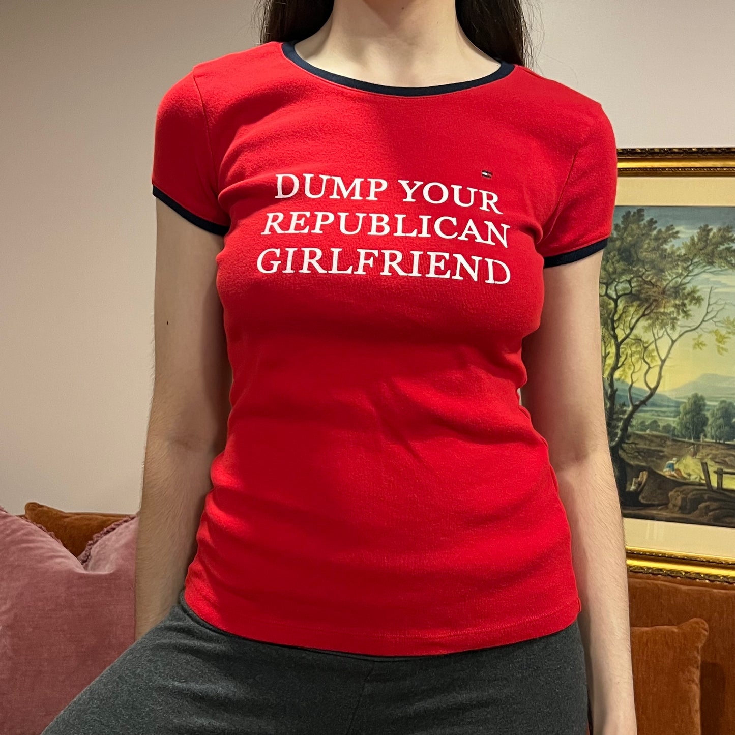 DUMP YOUR REPUBLICAN GIRLFRIEND red t-shirt with white text (L)