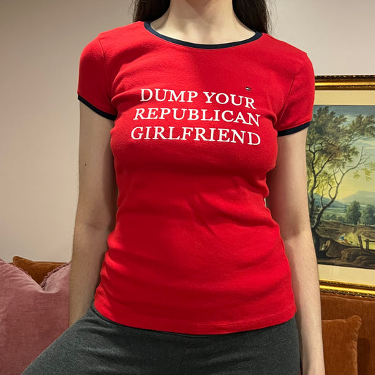 DUMP YOUR REPUBLICAN GIRLFRIEND red t-shirt with white text (L)