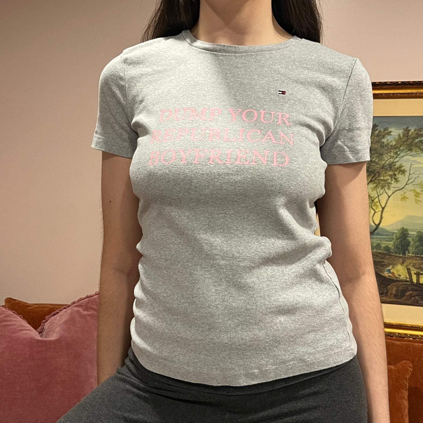 DUMP YOUR REPUBLICAN BOYFRIEND grey t-shirt with pink text (M)