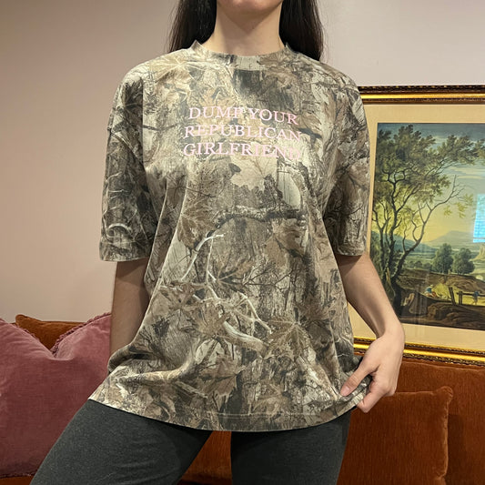 DUMP YOUR REPUBLICAN GIRLFRIEND camo t-shirt with pink text (XL)