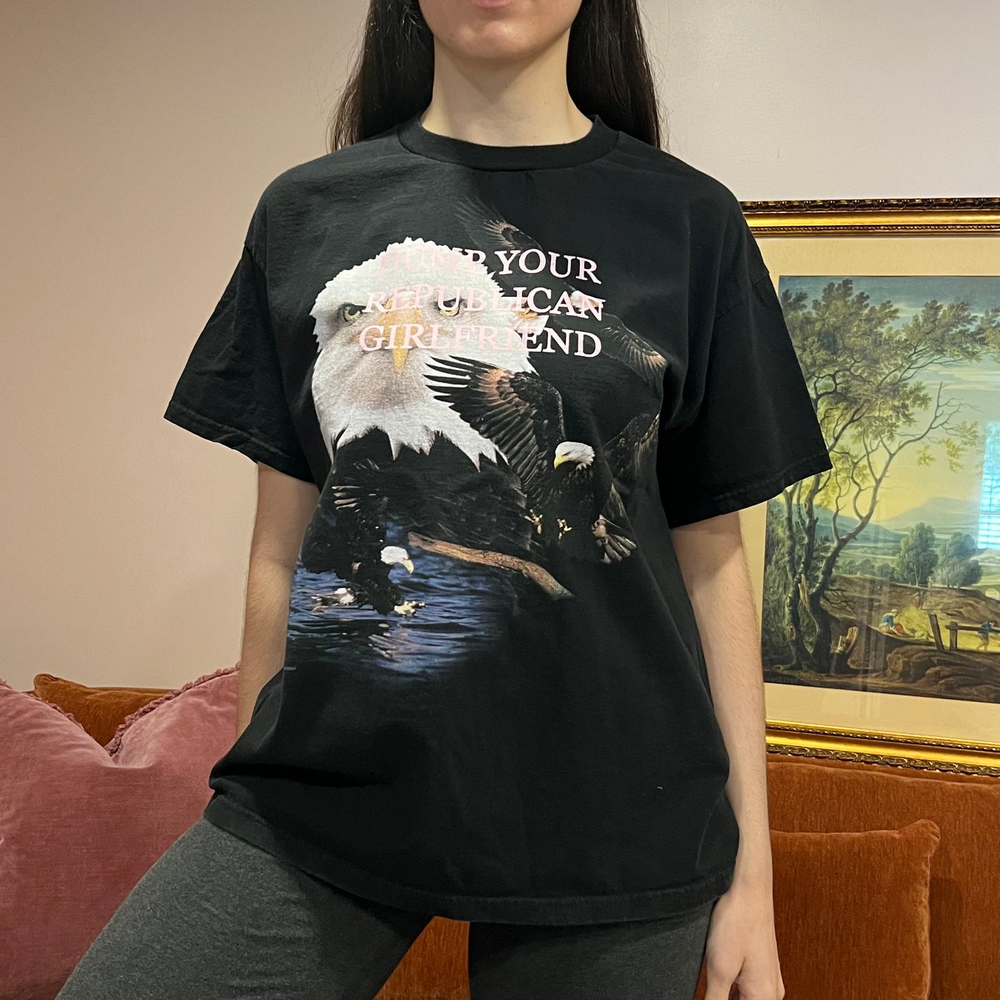 DUMP YOUR REPUBLICAN GIRLFRIEND eagle t-shirt with pink text (L)