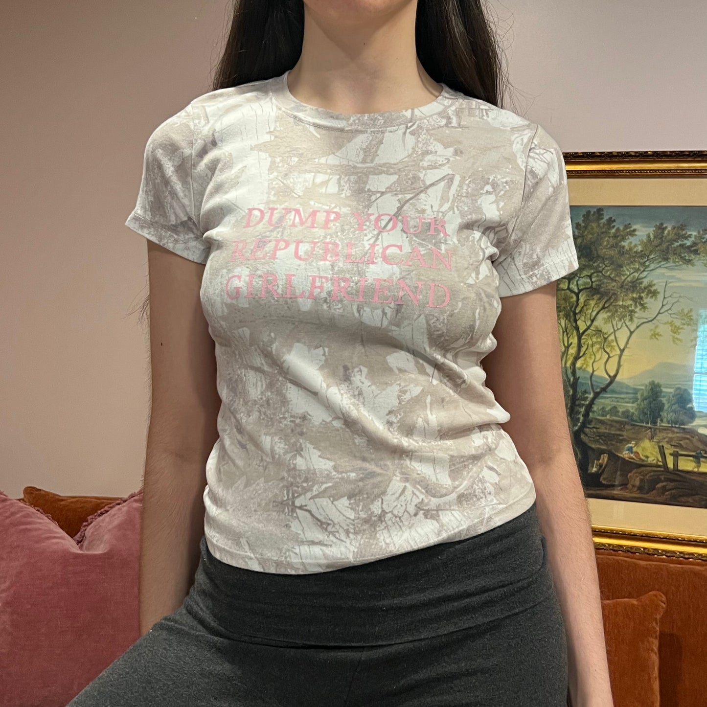 DUMP YOUR REPUBLICAN GIRLFRIEND white camo t-shirt with pink text (M)