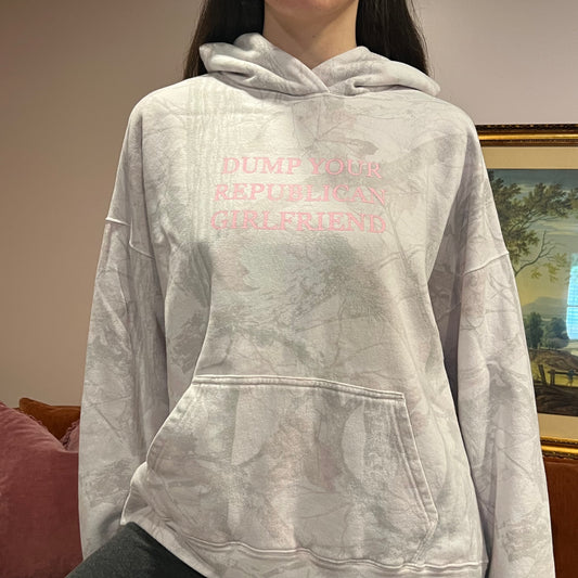 DUMP YOUR REPUBLICAN GIRLFRIEND pink camo hoodie with pink text (L)