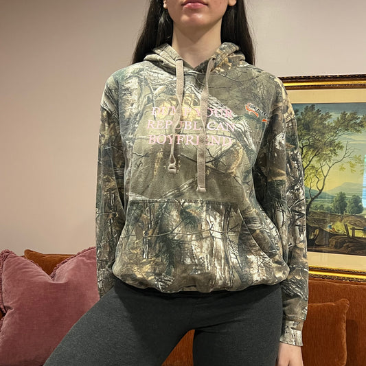 DUMP YOUR REPUBLICAN BOYFRIEND camo hoodie with pink text (L)