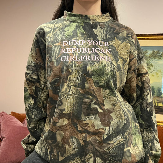 DUMP YOUR REPUBLICAN GIRLFRIEND camo crewneck with pink text (2XL)