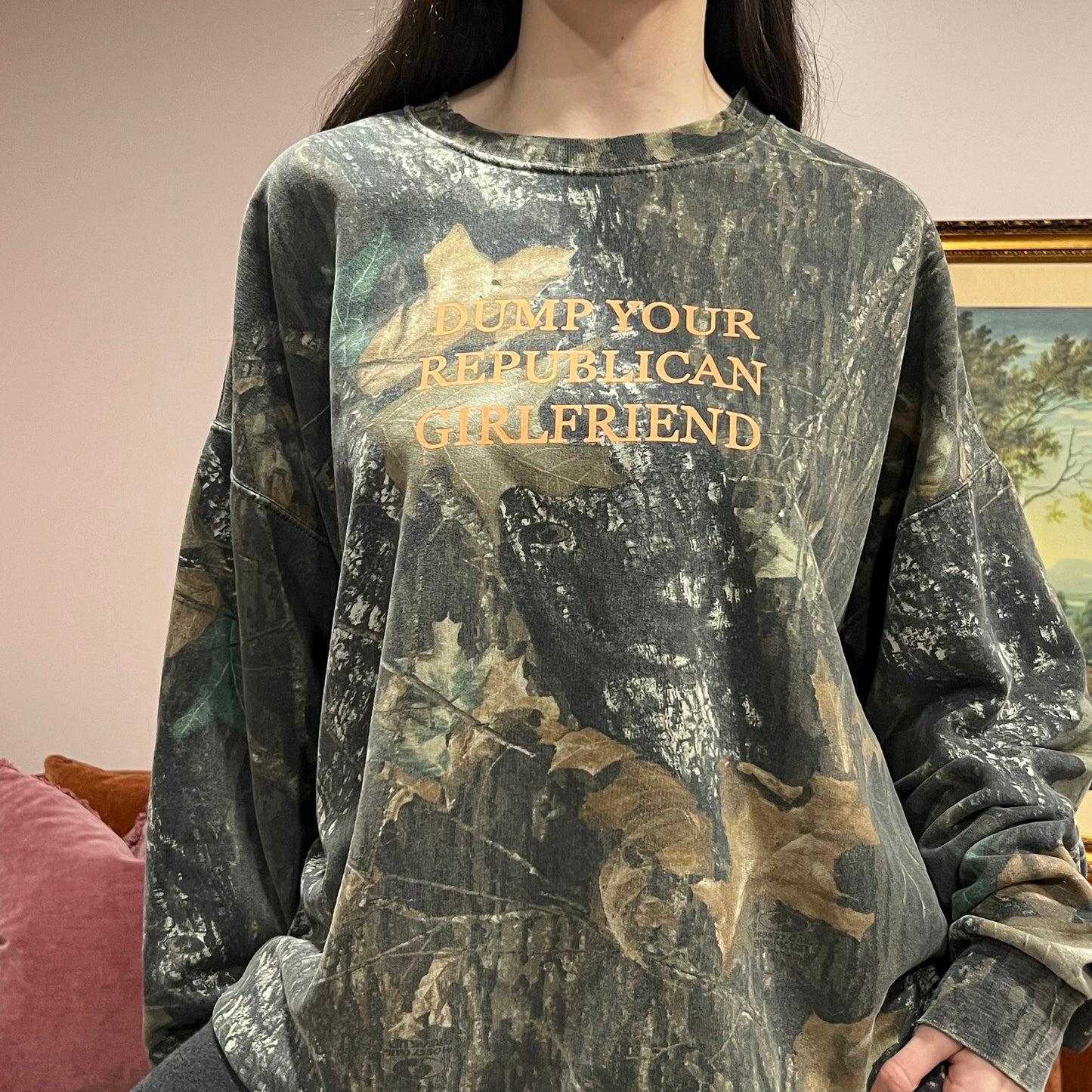 DUMP YOUR REPUBLICAN GIRLFRIEND camo crewneck with orange text (4XL)