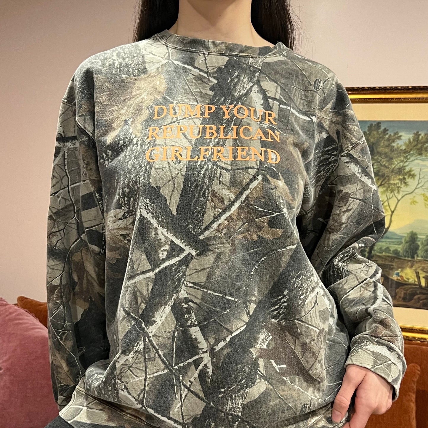 DUMP YOUR REPUBLICAN GIRLFRIEND camo crewneck with orange text (XL/2XL)