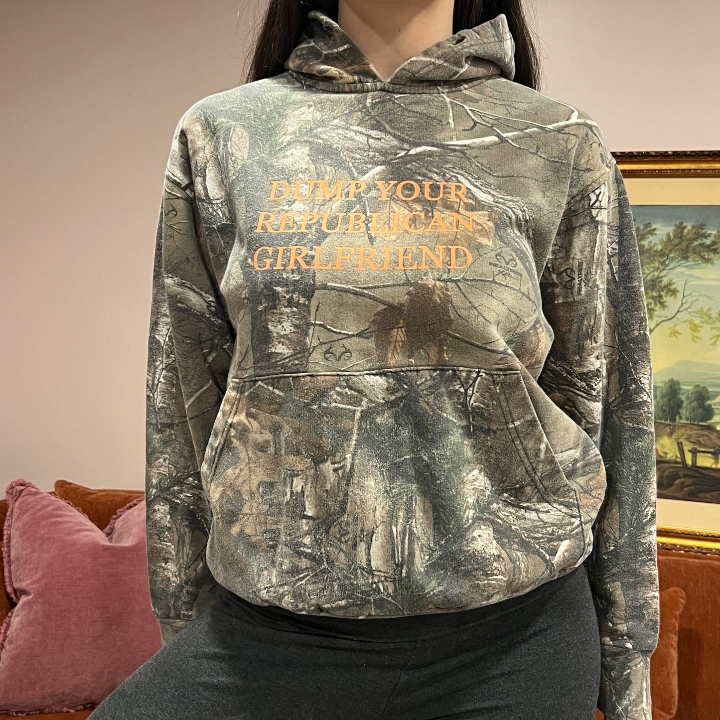 DUMP YOUR REPUBLICAN GIRLFRIEND camo hoodie with orange text (S)