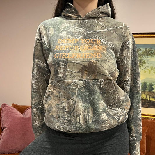DUMP YOUR REPUBLICAN GIRLFRIEND camo hoodie with orange text (S)