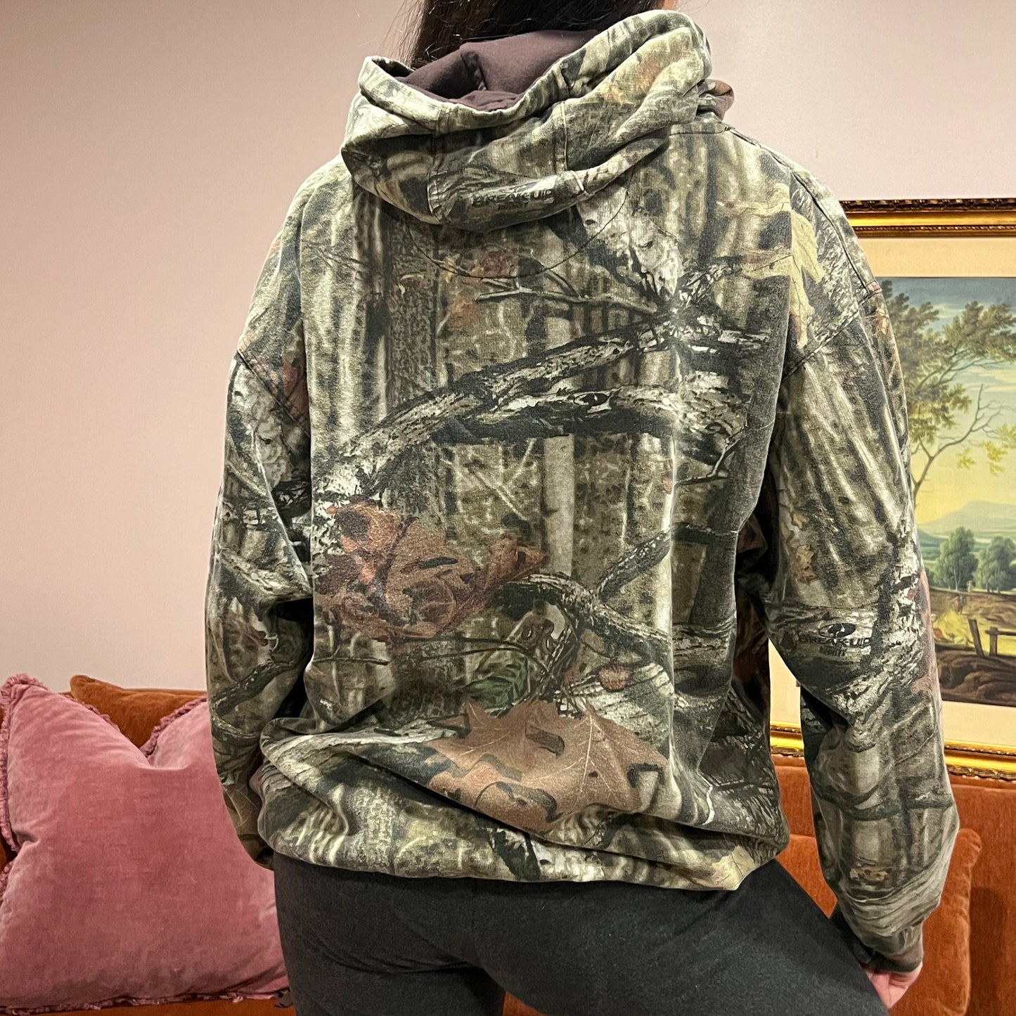 DUMP YOUR REPUBLICAN GIRLFRIEND camo hoodie with orange text (L)