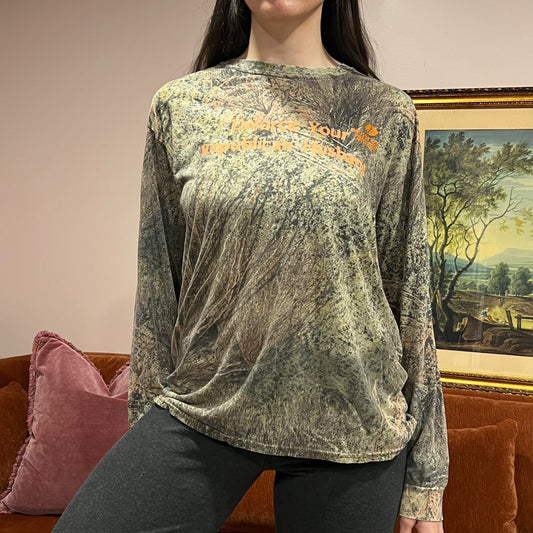 DIVORCE YOUR REPUBLICAN HUSBAND camo long sleeve t-shirt with orange text (L)