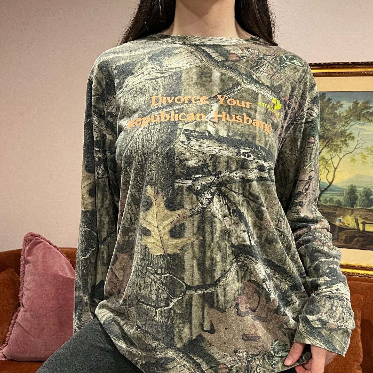 DIVORCE YOUR REPUBLICAN HUSBAND camo long sleeve t-shirt with orange text (L)