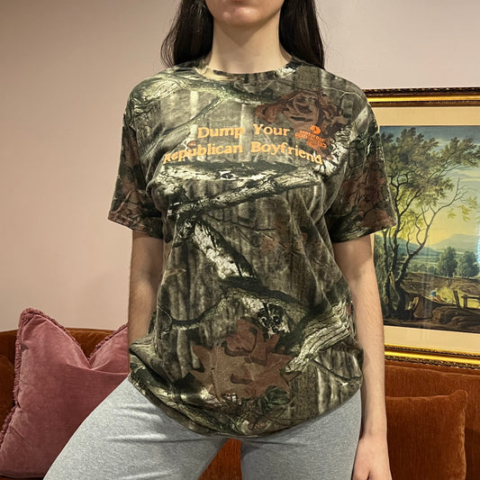 DUMP YOUR REPUBLICAN BOYFRIEND camo t-shirt with orange text (L)