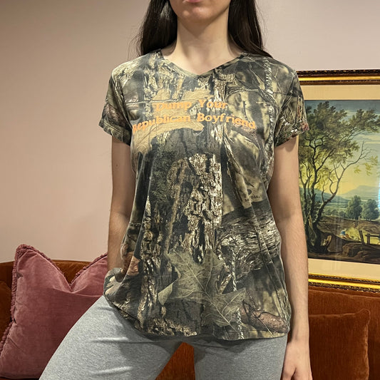 DUMP YOUR REPUBLICAN BOYFRIEND camo t-shirt with orange text (XL)
