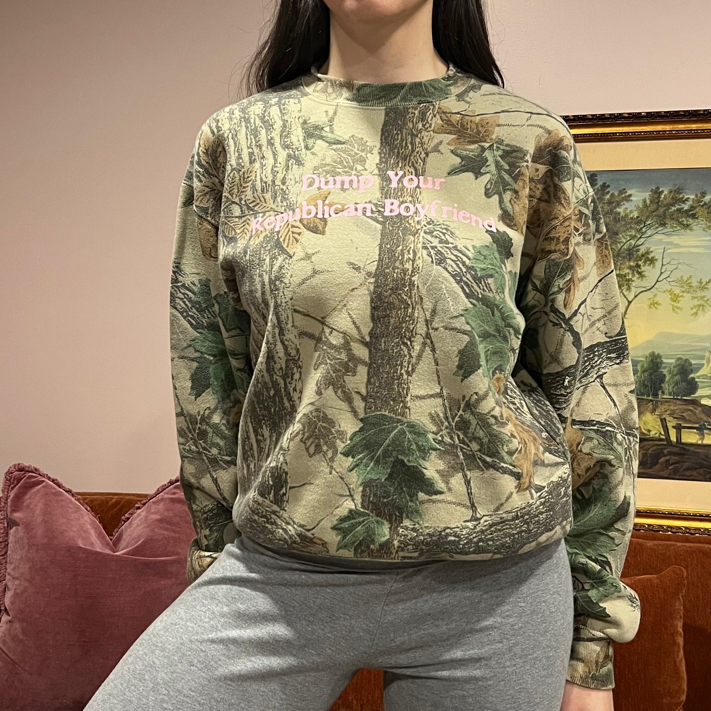 DUMP YOUR REPUBLICAN BOYFRIEND camo crewneck with pink text (M)